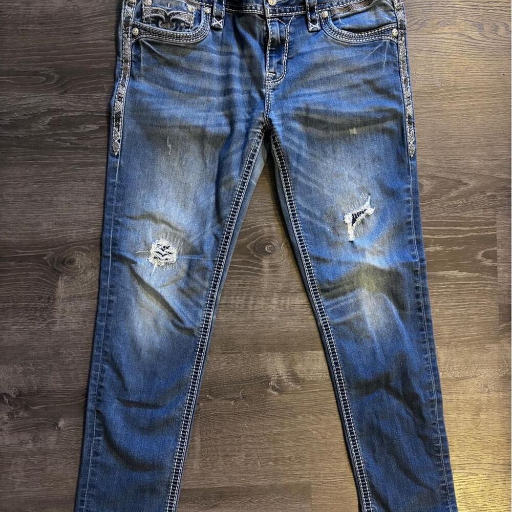 Rock Revival Skinny Jeans Womens 32 Embroidered Distressed Stretch Denim y2k
